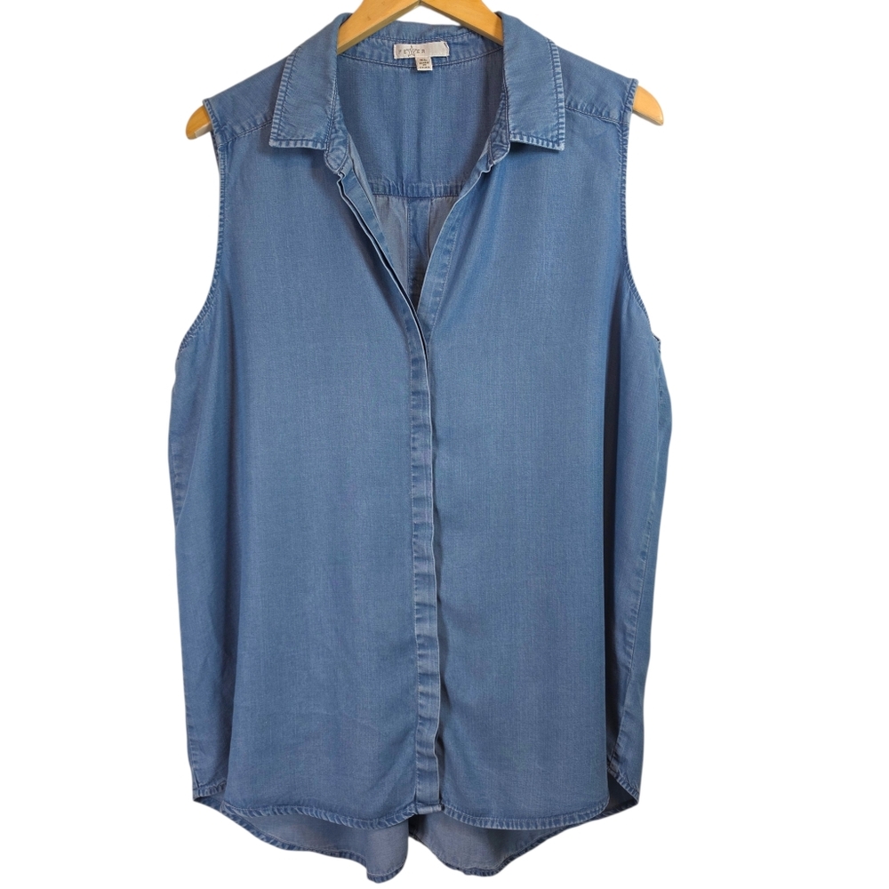 Fever 100% Lyocell Chambray Button Up Sleeveless Top Sz XL Stagecoach Western